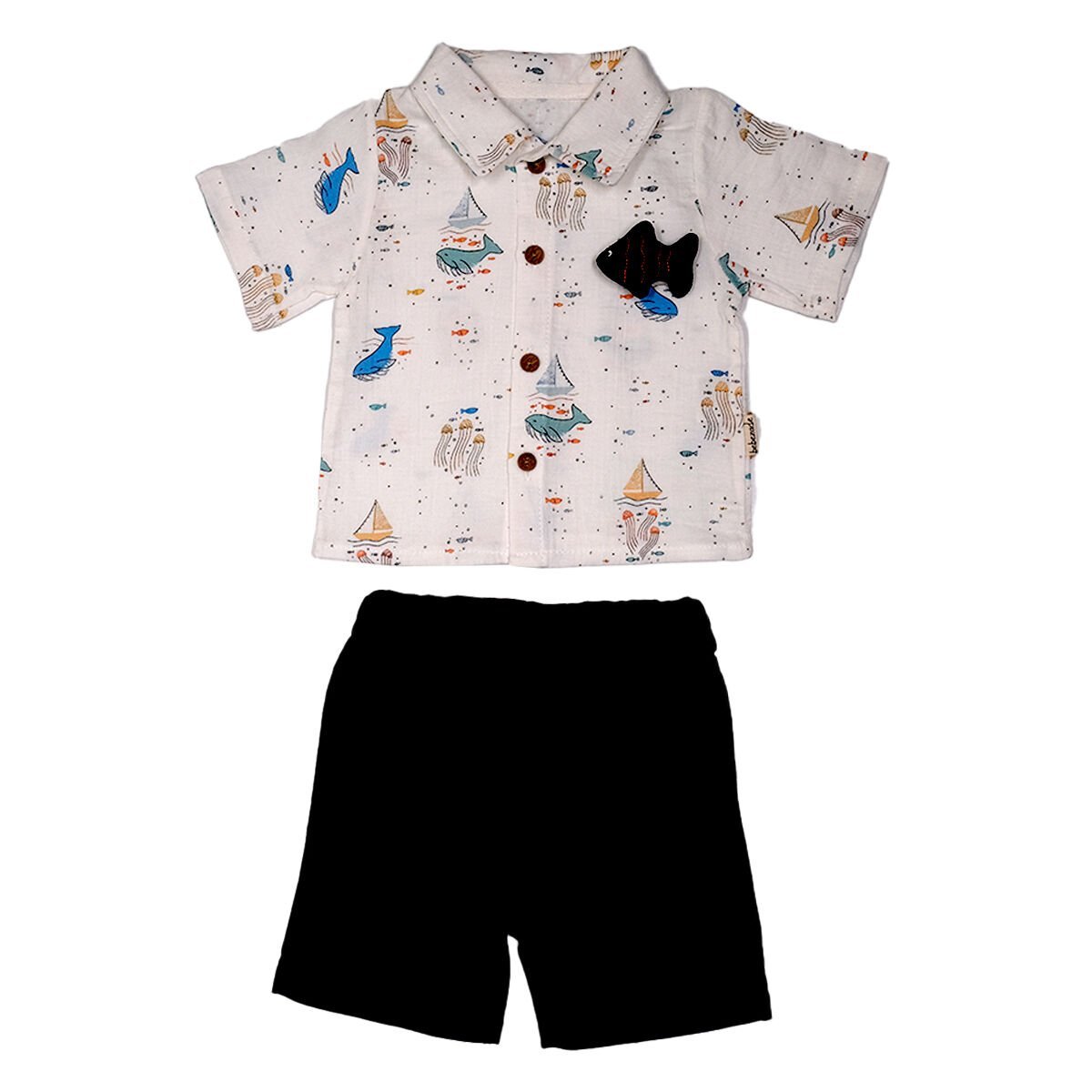 3D Balık Figürlü Erkek Bebek Takımı - 3D Balık Figürlü Gömlek ve Şort