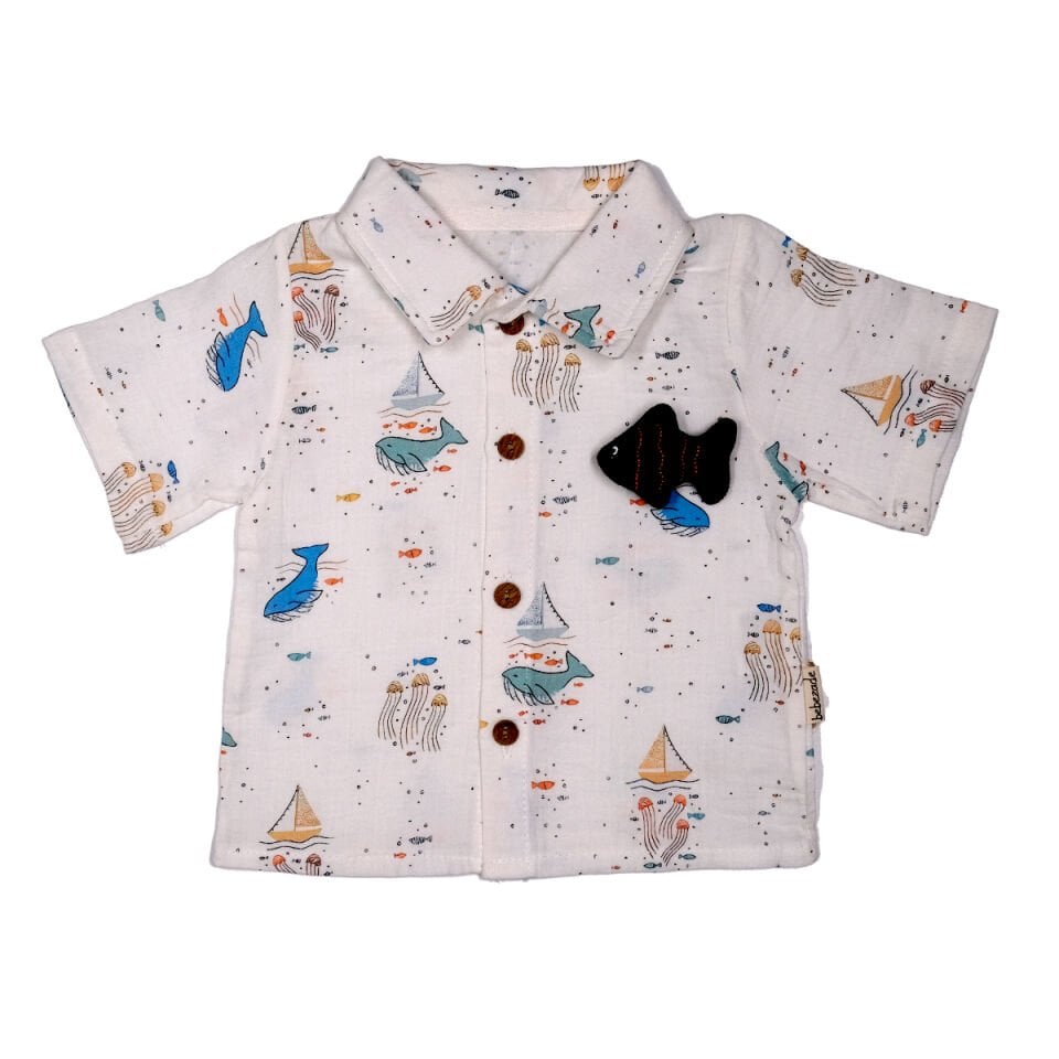 3D Balık Figürlü Erkek Bebek Takımı - 3D Balık Figürlü Gömlek ve Şort