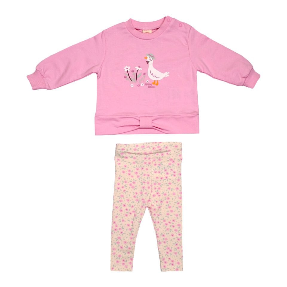 Kaz ve Çiçek Baskılı Mevsimlik Kız Bebek Takımı - Belden Fiyonklu Sweatshirt ve Çiçekli Tayt