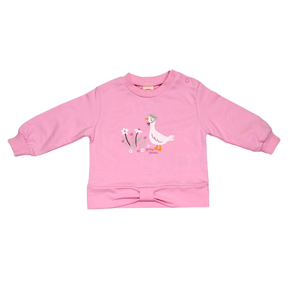 Kaz ve Çiçek Baskılı Mevsimlik Kız Bebek Takımı - Belden Fiyonklu Sweatshirt ve Çiçekli Tayt