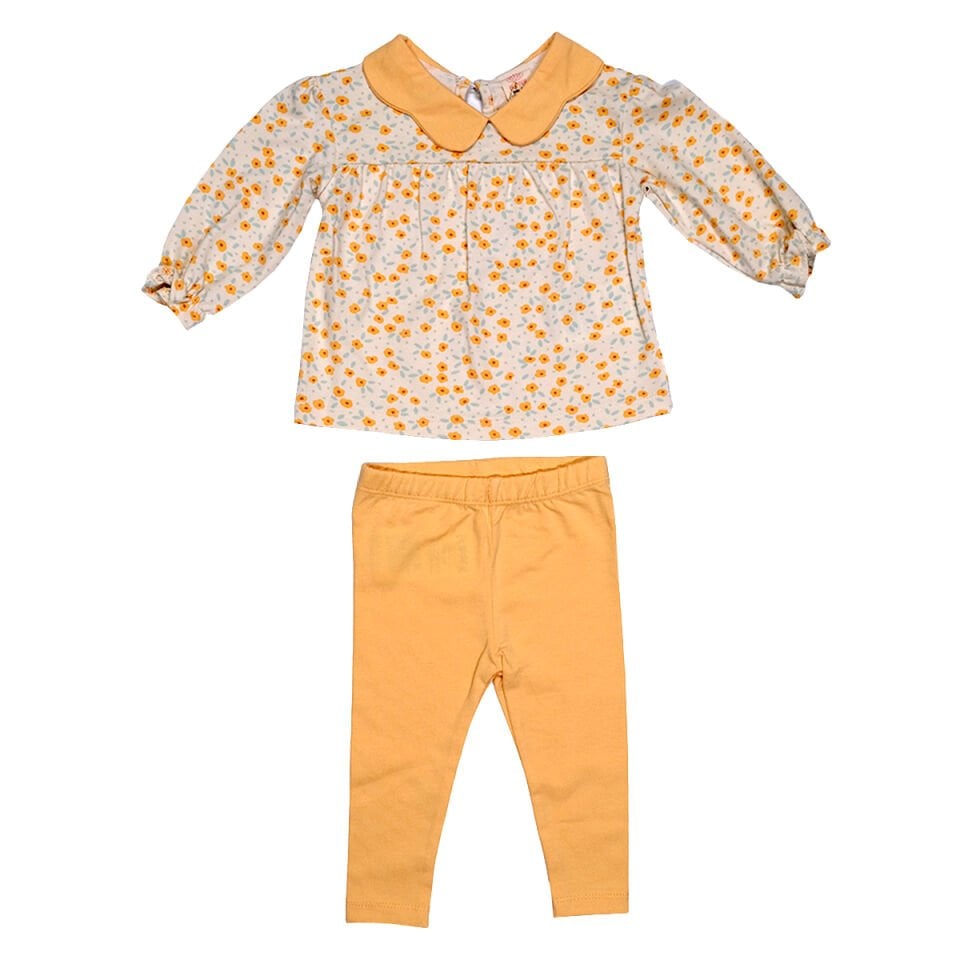 ​​Sarı Çiçek Desenli Kız Bebek Takımı - Bebe Yakalı Çiçek Desenli Sweatshirt ve Sarı Tayt
