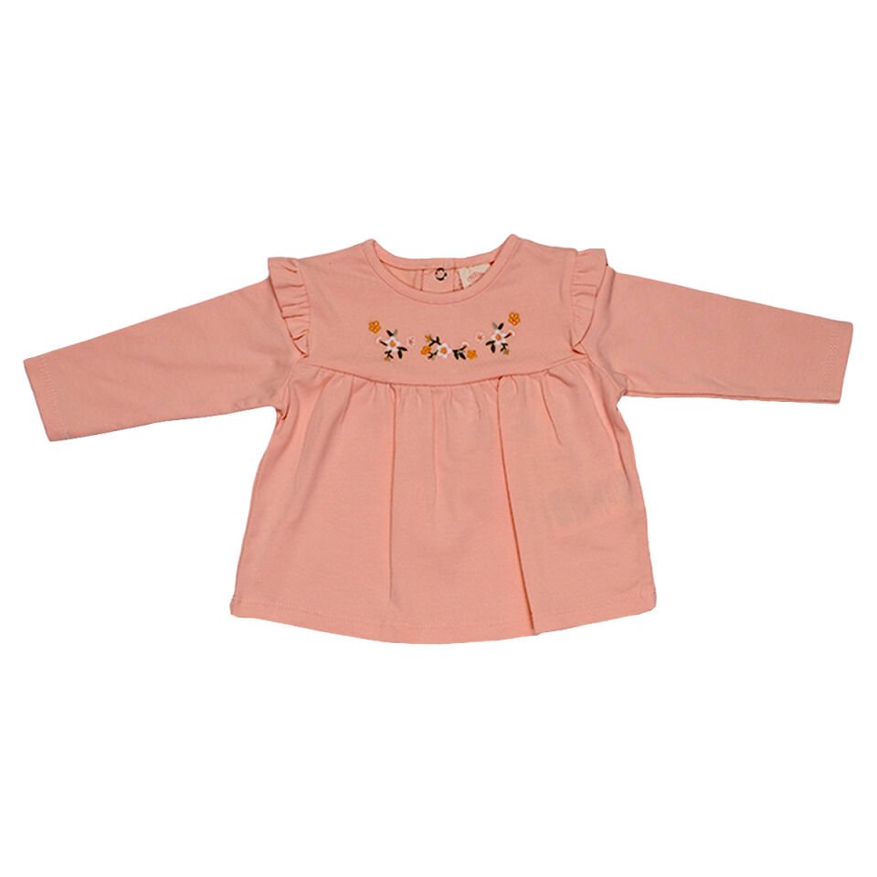 Somon Rengi Önü Robalı Mevsimlik Kız Bebek Takımı - Çiçek Nakışlı Robalı Sweatshirt ve Çiçekli Tayt