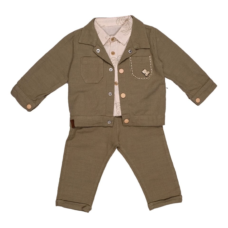 Haki Renk Ayıcık Rozetli 3'lü Erkek Bebek Takım - Ceket,Palmiye Desenli Gömlek ve Pantolon