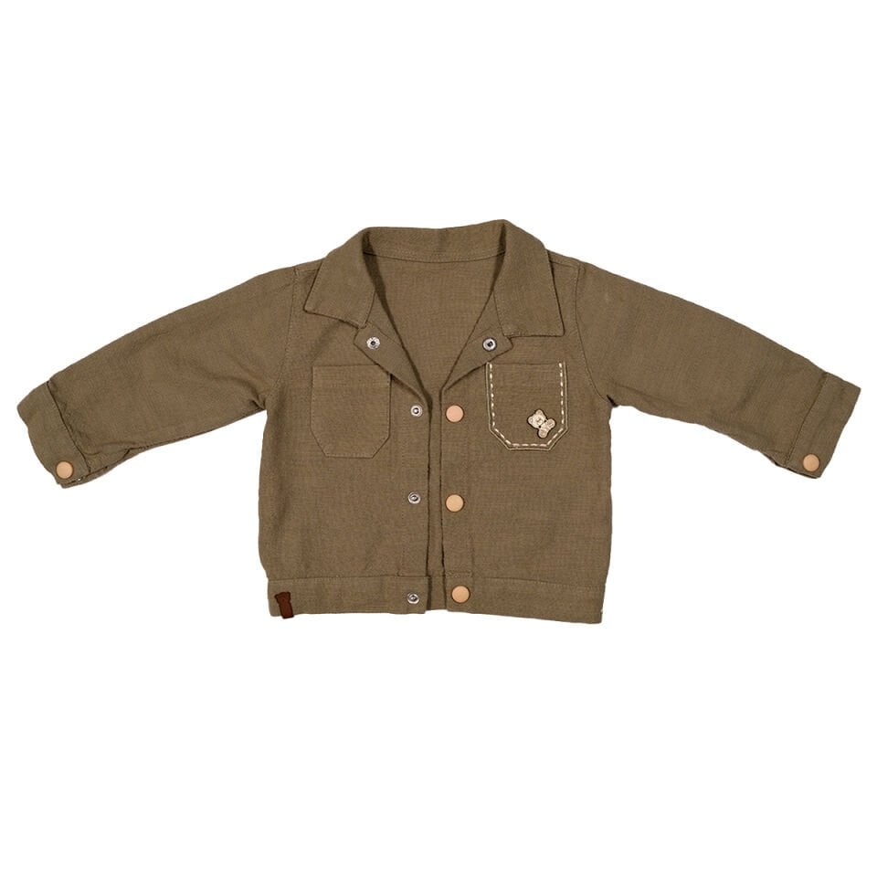 Haki Renk Ayıcık Rozetli 3'lü Erkek Bebek Takım - Ceket,Palmiye Desenli Gömlek ve Pantolon