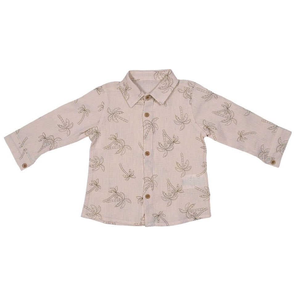 Haki Renk Ayıcık Rozetli 3'lü Erkek Bebek Takım - Ceket,Palmiye Desenli Gömlek ve Pantolon