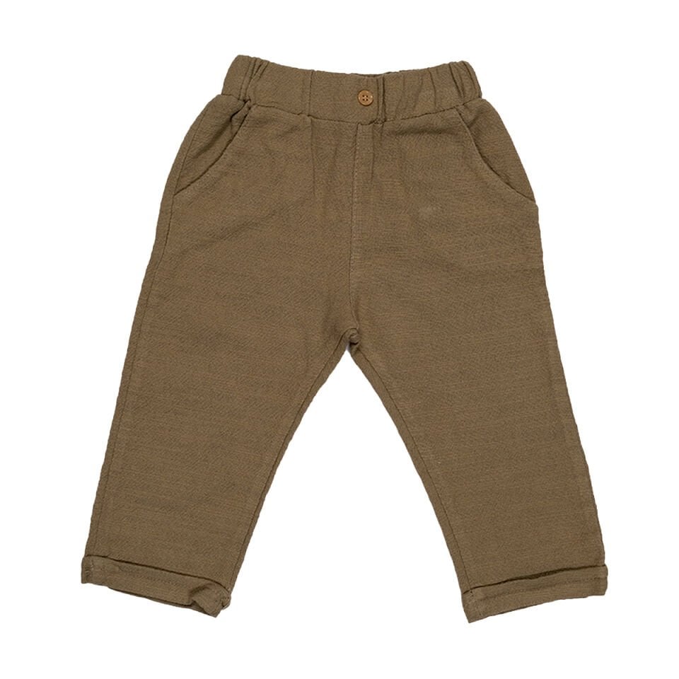 Haki Renk Ayıcık Rozetli 3'lü Erkek Bebek Takım - Ceket,Palmiye Desenli Gömlek ve Pantolon