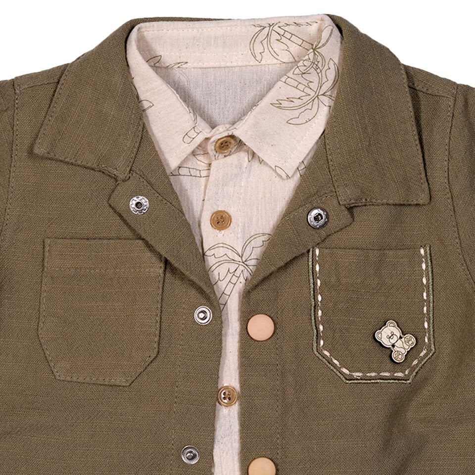 Haki Renk Ayıcık Rozetli 3'lü Erkek Bebek Takım - Ceket,Palmiye Desenli Gömlek ve Pantolon