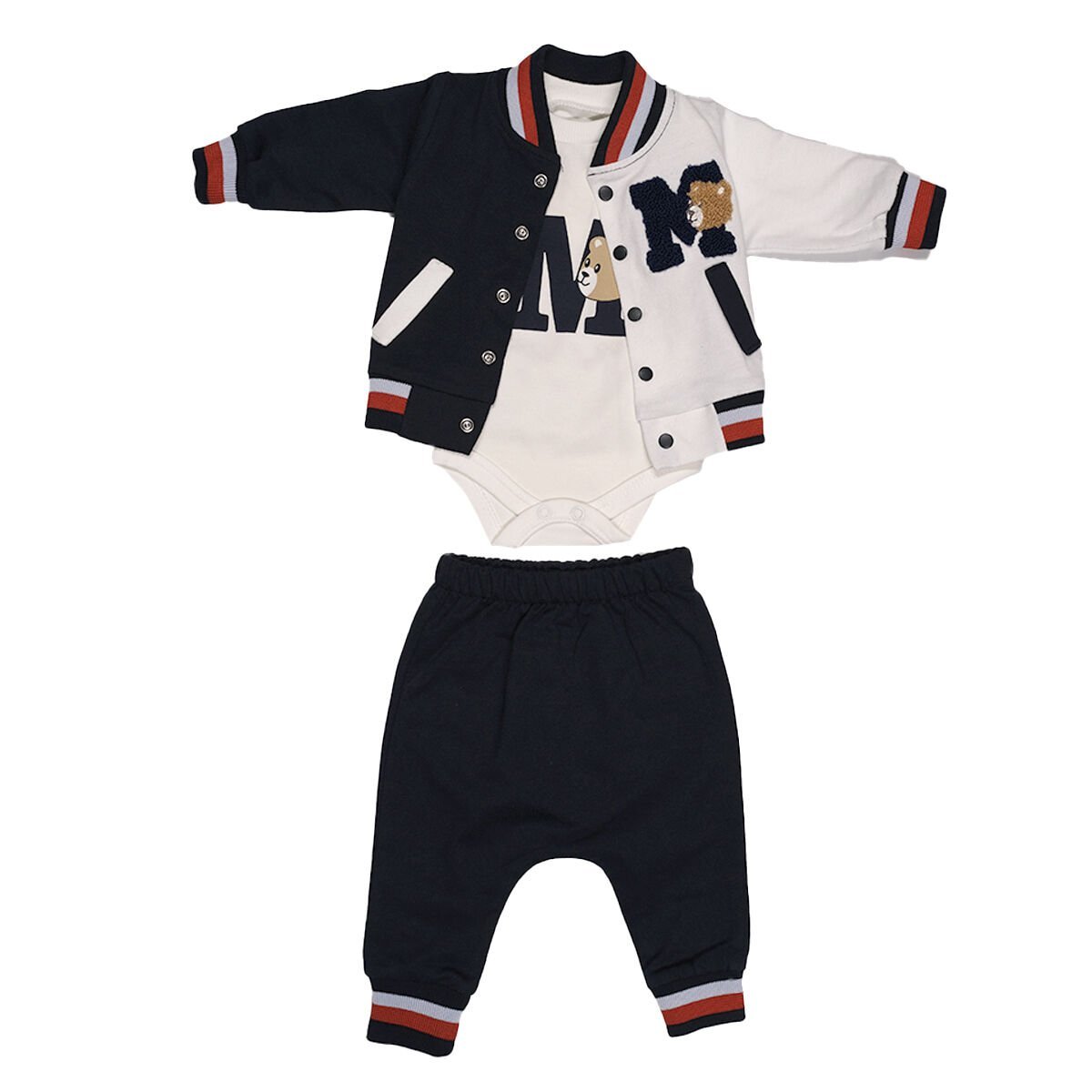 Ayıcık Desenli Kolej Montlu 3'lü Bebek Takım - Mevsimlik Hırka, Body ve Pantolon