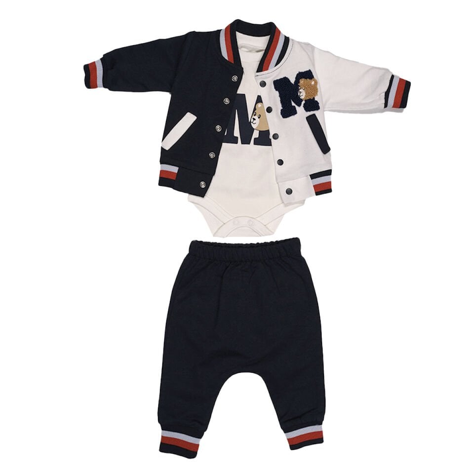 Ayıcık Desenli Kolej Montlu 3'lü Bebek Takım - Mevsimlik Hırka, Body ve Pantolon