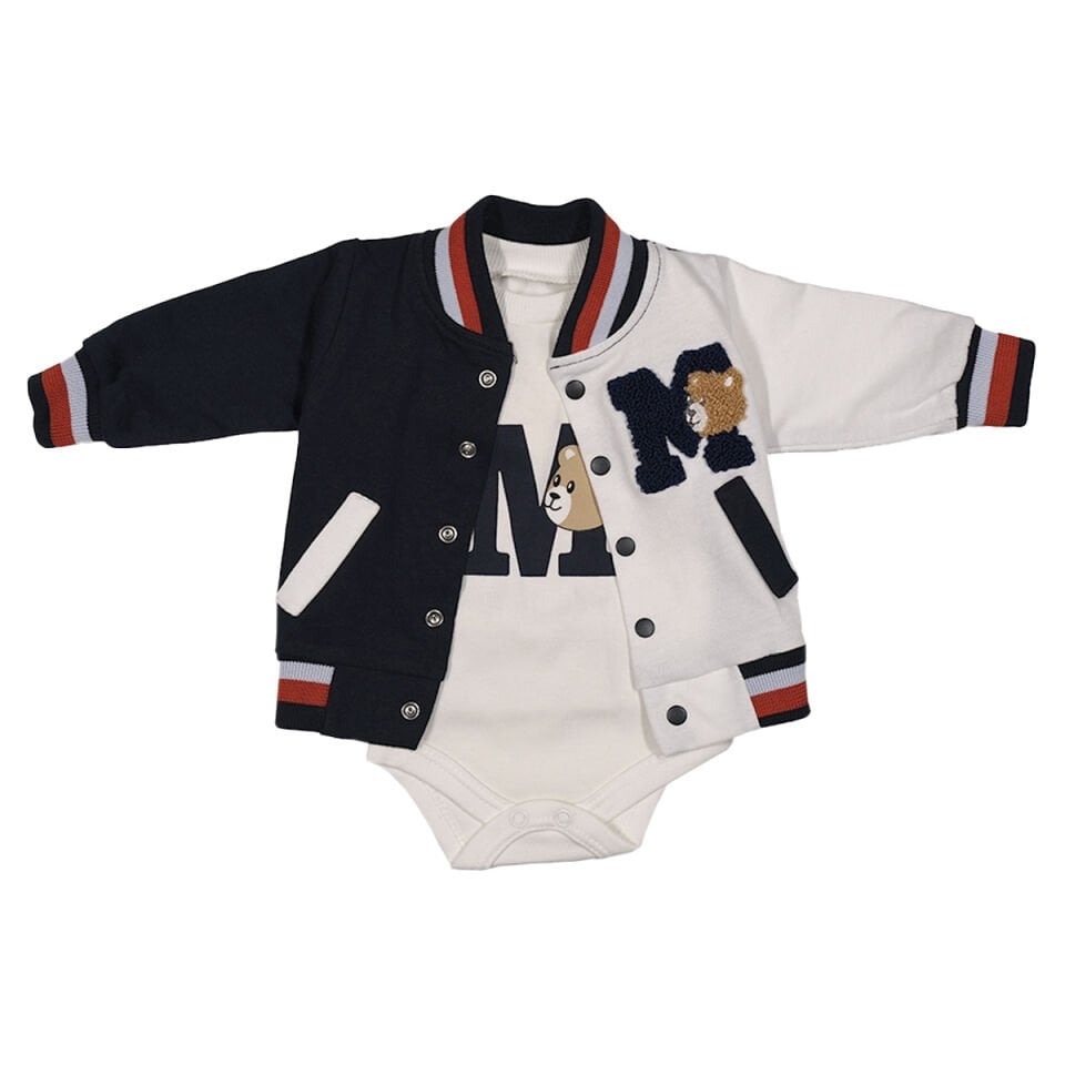 Ayıcık Desenli Kolej Montlu 3'lü Bebek Takım - Mevsimlik Hırka, Body ve Pantolon