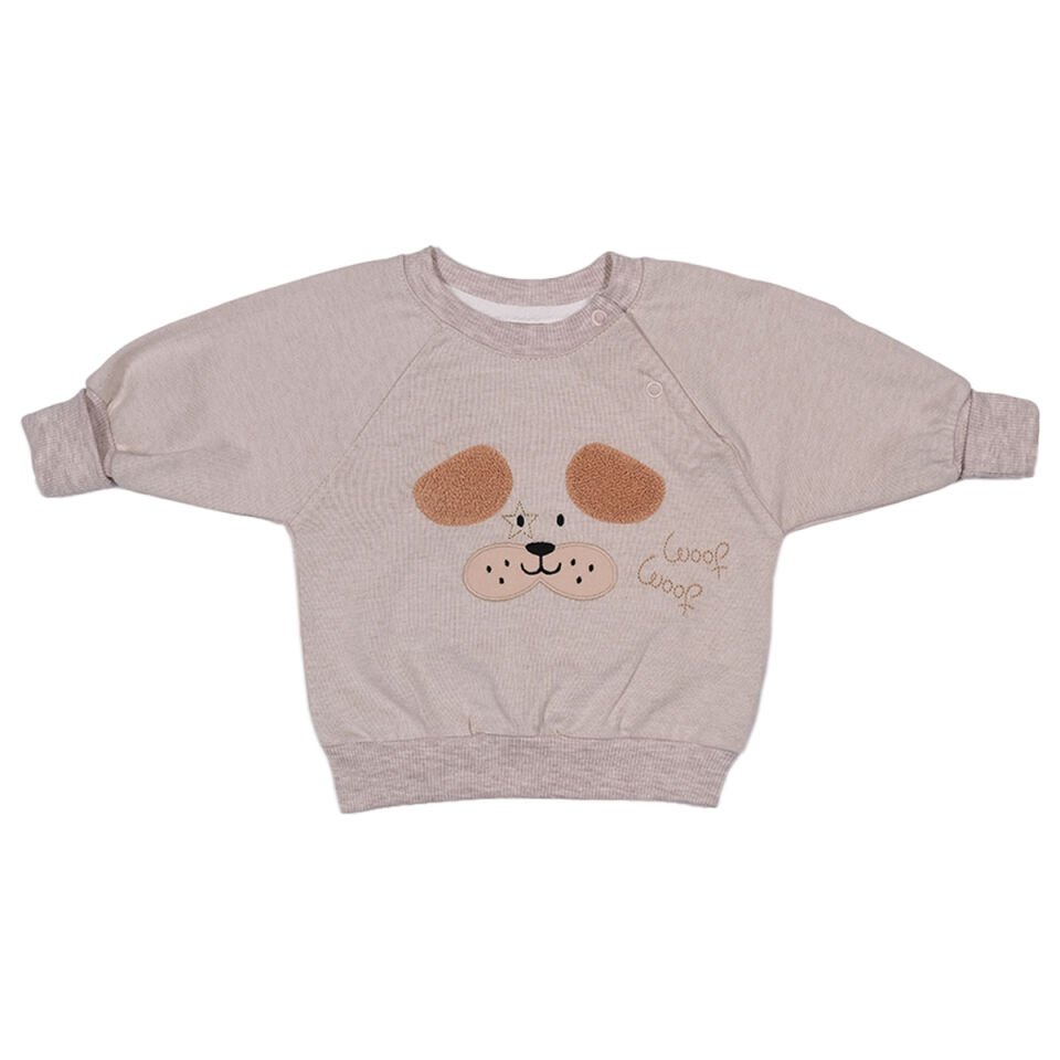 Woof Mevsimlik 2'li Bebek Takımı – Köpek Aplikeli Sweatshirt ve Çizgili Pantolon 12 Ay - Krem