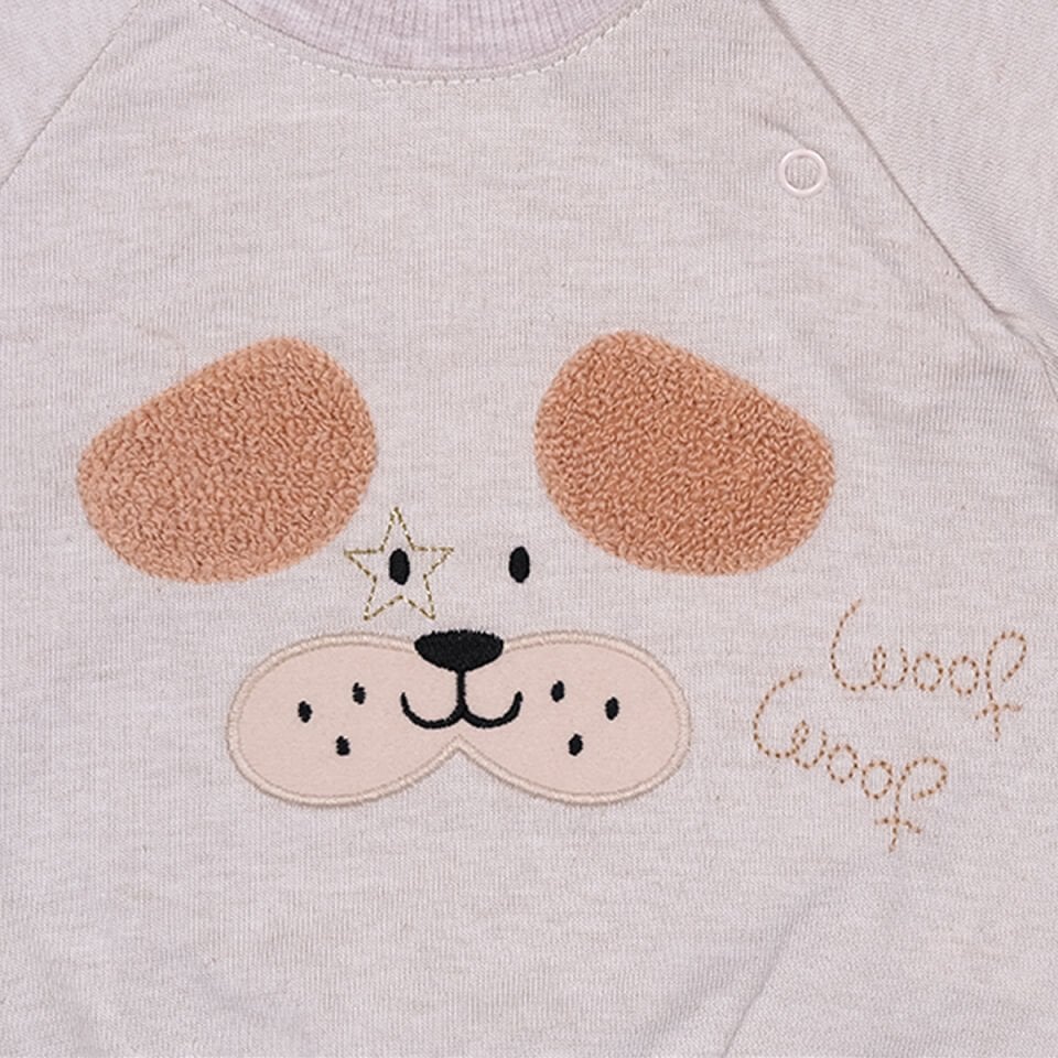 Woof Mevsimlik 2'li Bebek Takımı – Köpek Aplikeli Sweatshirt ve Çizgili Pantolon 12 Ay - Krem