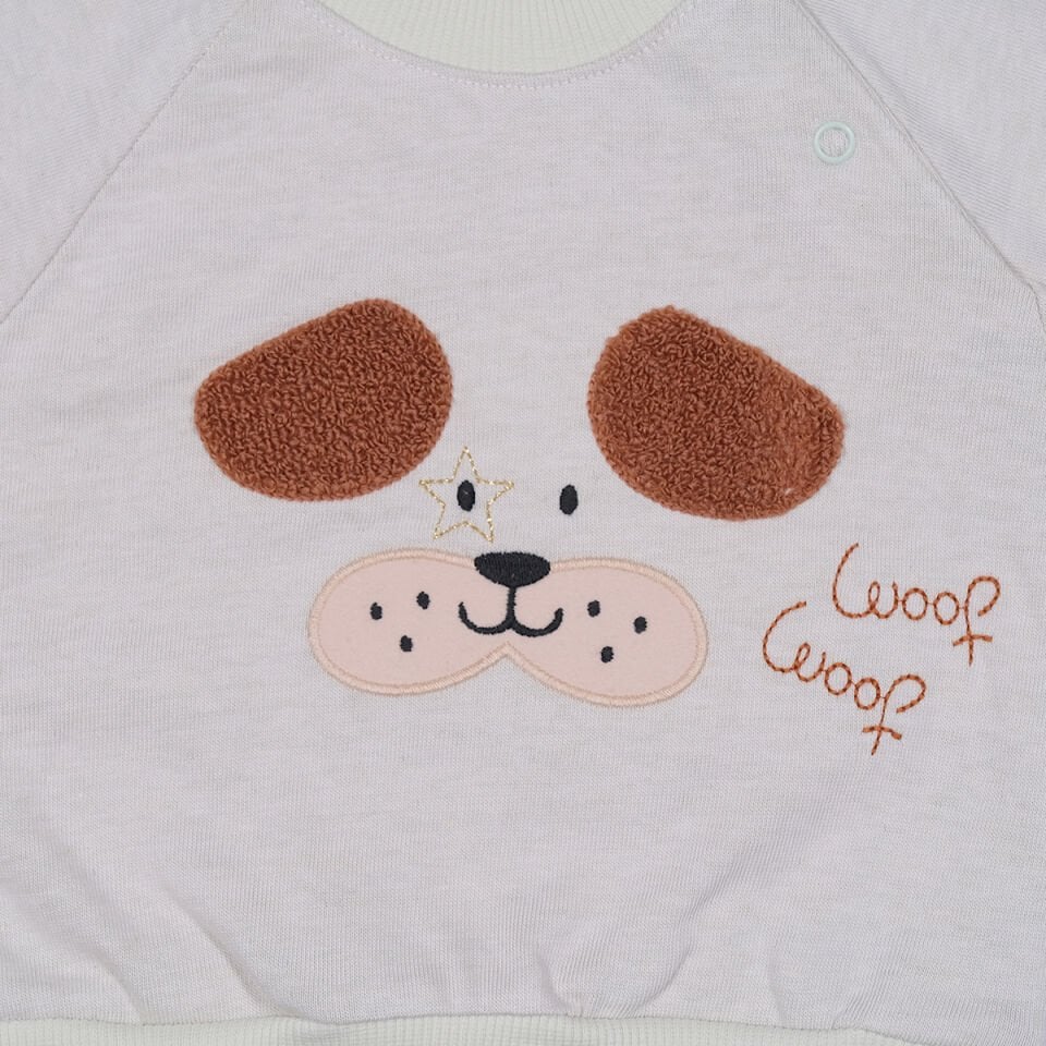 Woof Mevsimlik 2'li Bebek Takımı – Köpek Aplikeli Sweatshirt ve Çizgili Pantolon 12 Ay - Su Yeşili