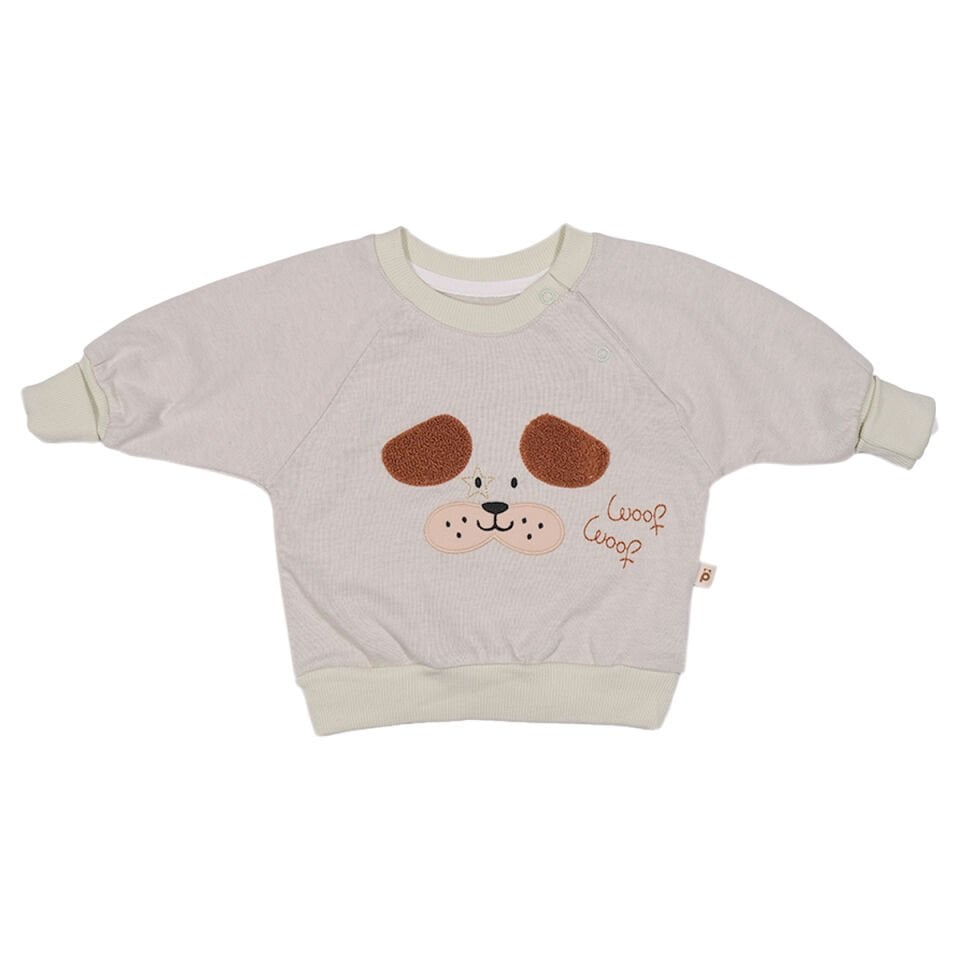 Woof Mevsimlik 2'li Bebek Takımı – Köpek Aplikeli Sweatshirt ve Çizgili Pantolon 18 Ay - Su Yeşili