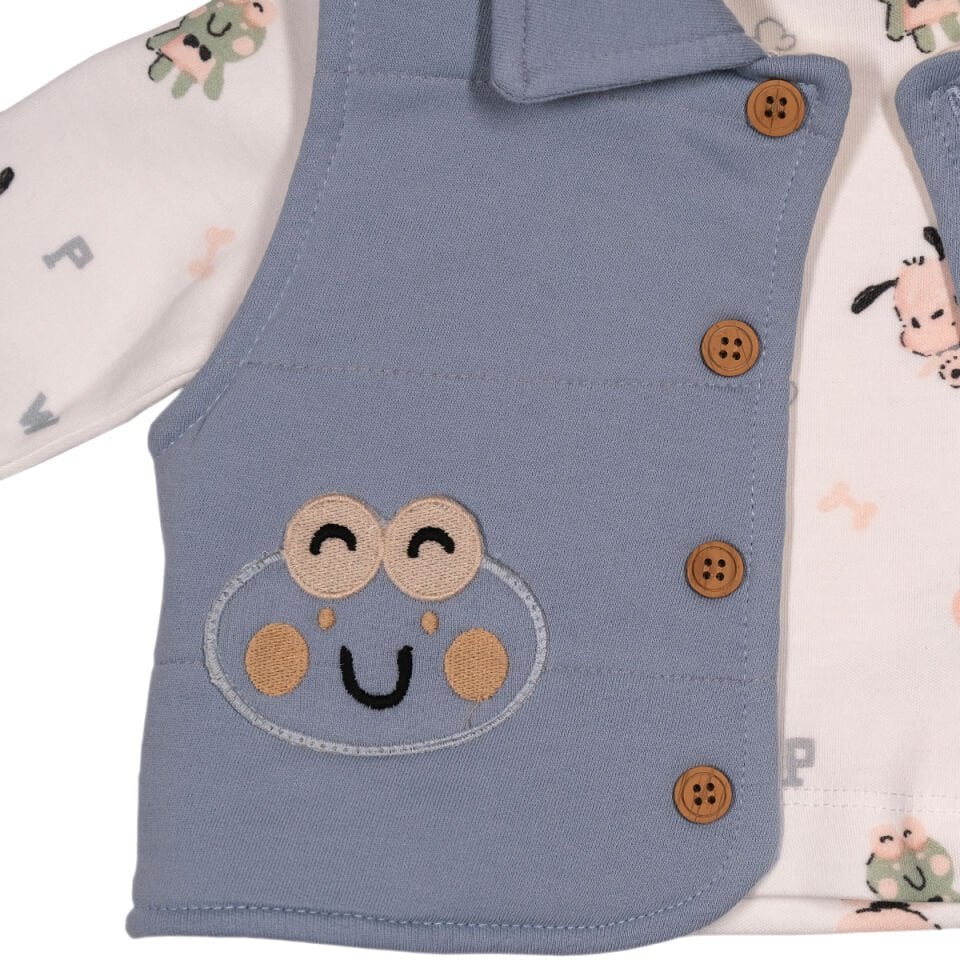 Erkek Bebek  Kurbağa Aplikeli Yelekli Mevsimlik 3'lü Takım -Yelek,Uzun Kollu Tişört ve Pantolon