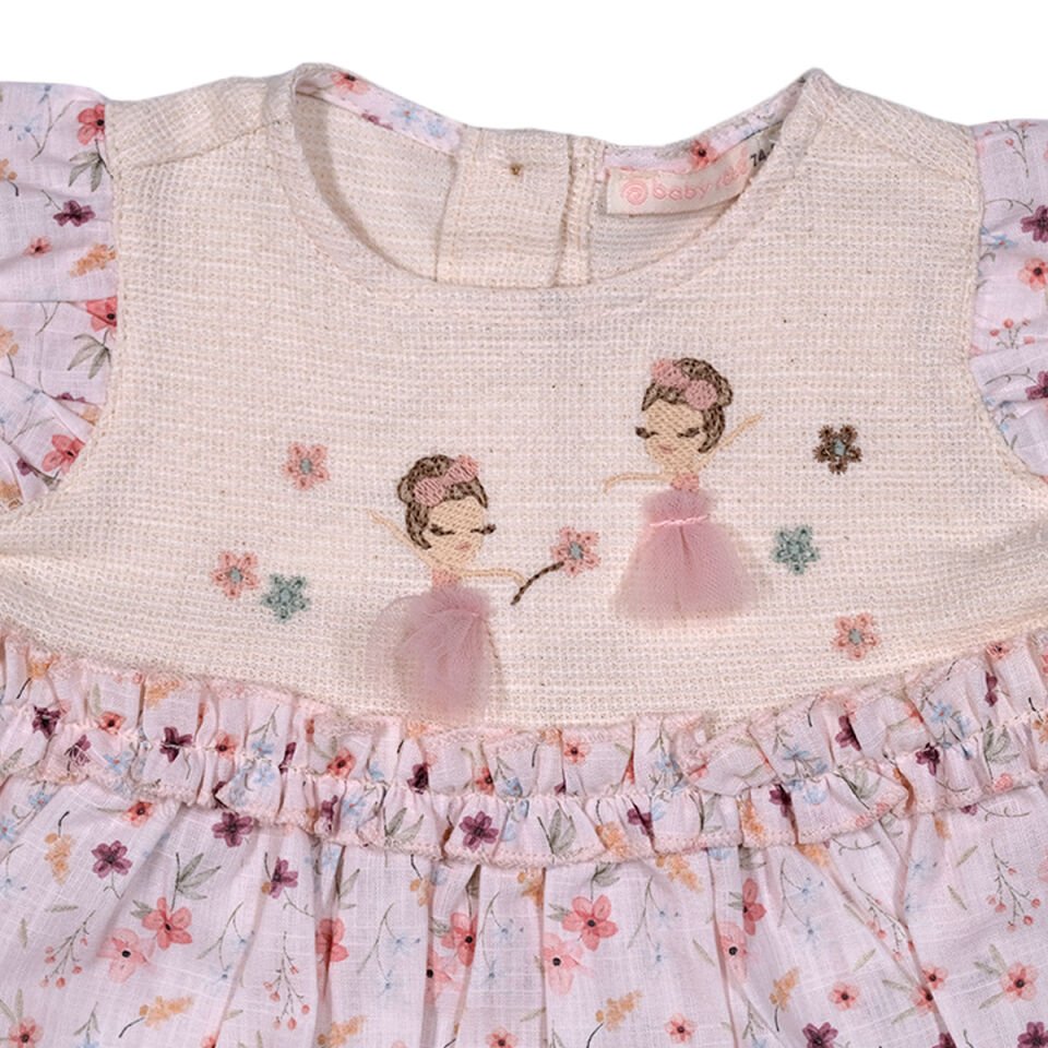 Balerin Nakışlı Kız Bebek Takım-Fırfır Kollu Nakışlı Üst ve Fiyonklu Şort 12 Ay - Pembe
