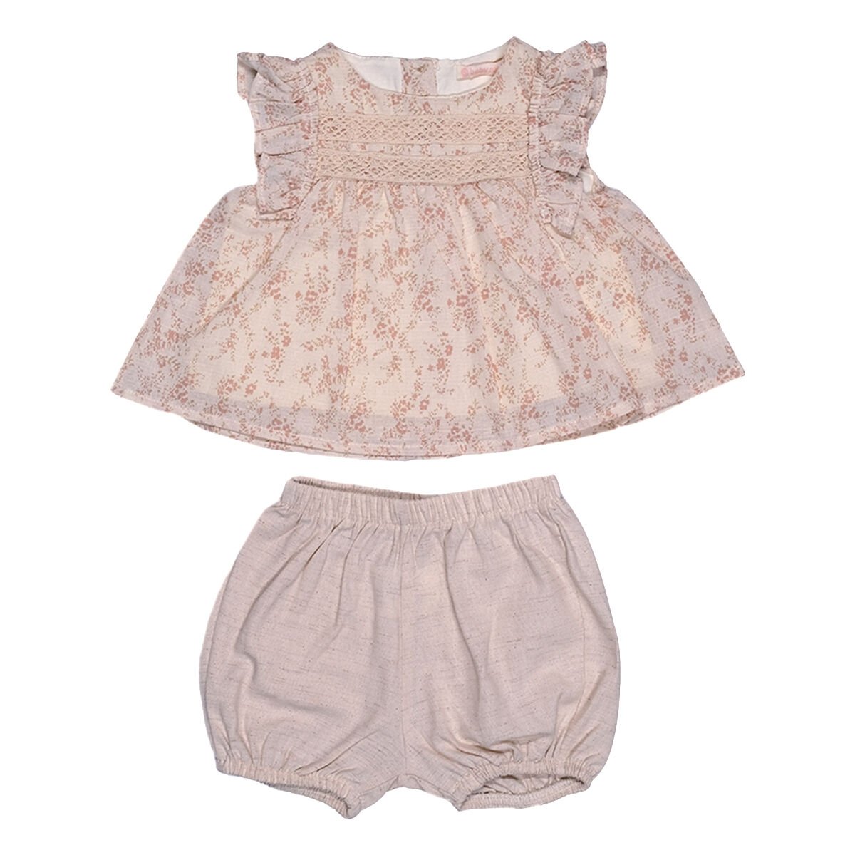 Çiçekli Dantel Yakalı Kız Bebek Takım – Fırfırlı Üst ve Bloomer Şort