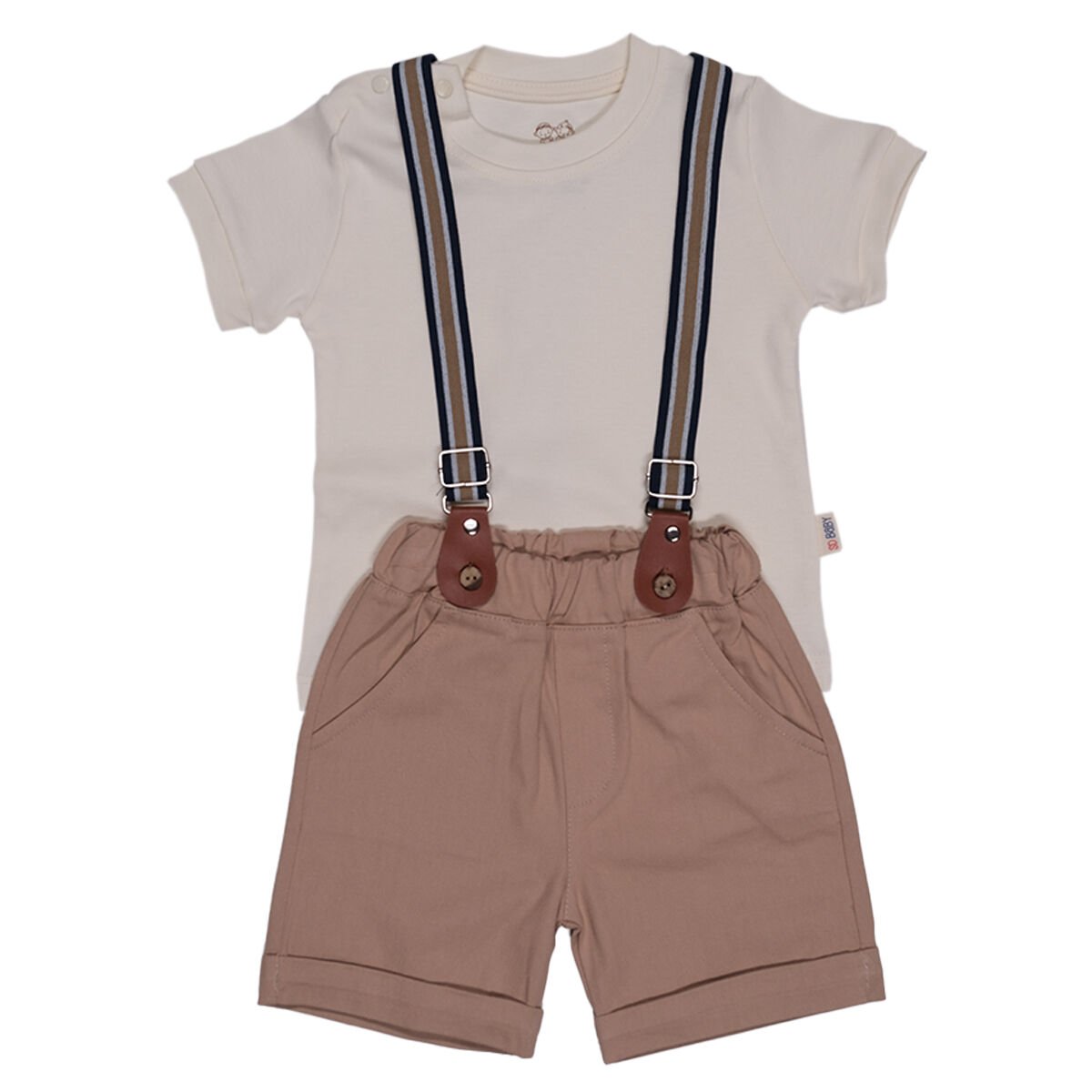 Şık Askılı Erkek Bebek Takımı - Kısa Kollu Tişört.Salopet Askı ve Şort 18-24 Ay - Krem