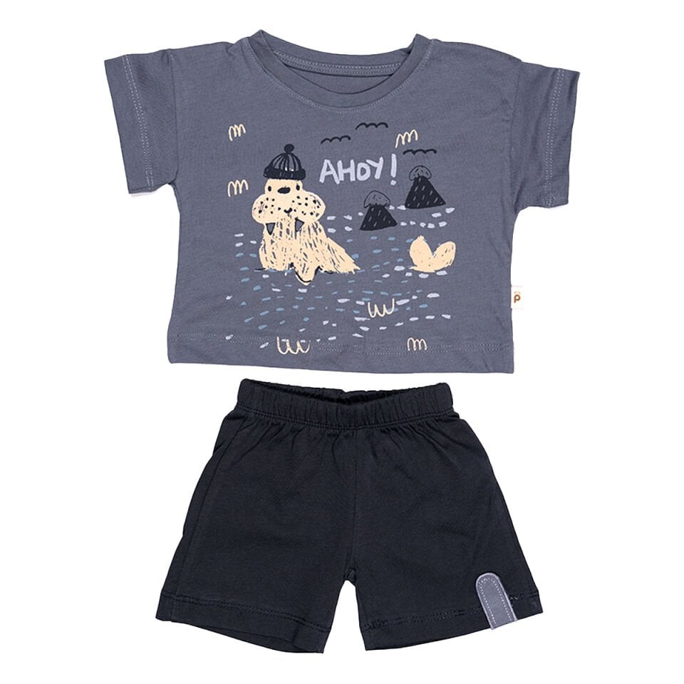 Yazlık Ahoy Erkek Bebek Şortlu Takım - Denizci Temalı Tişört ve Şort